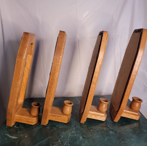 Vtg Oak Wood Wall Sconces Mirror Taper Candle Holders 12.25\
